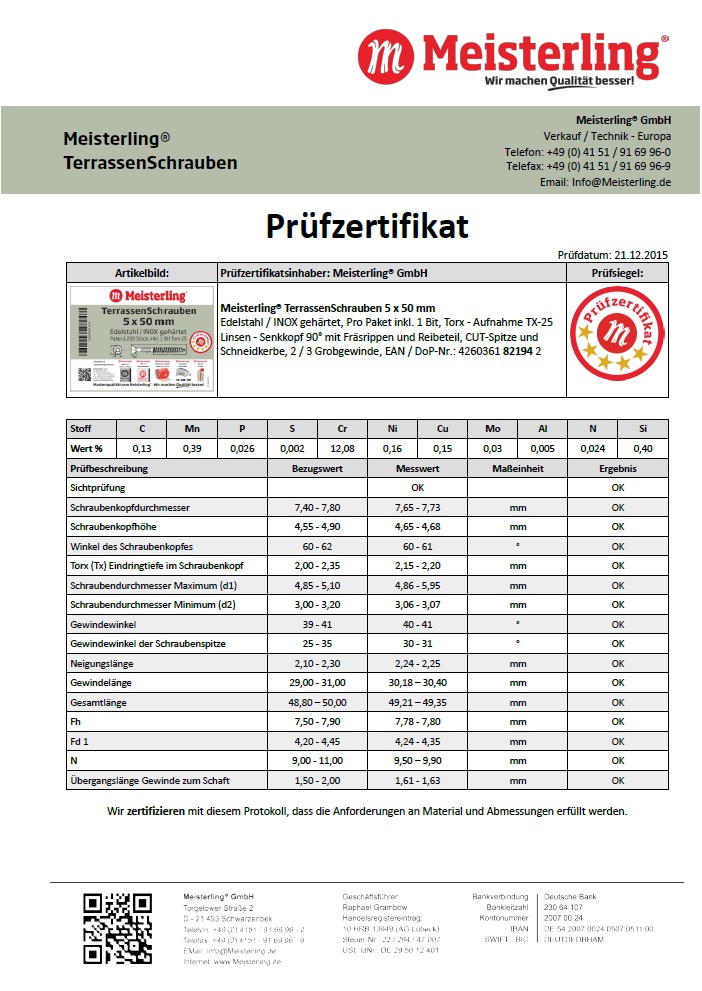 Prüfzertifikat Meisterling® TerrassenSchrauben 5 x 50 mm