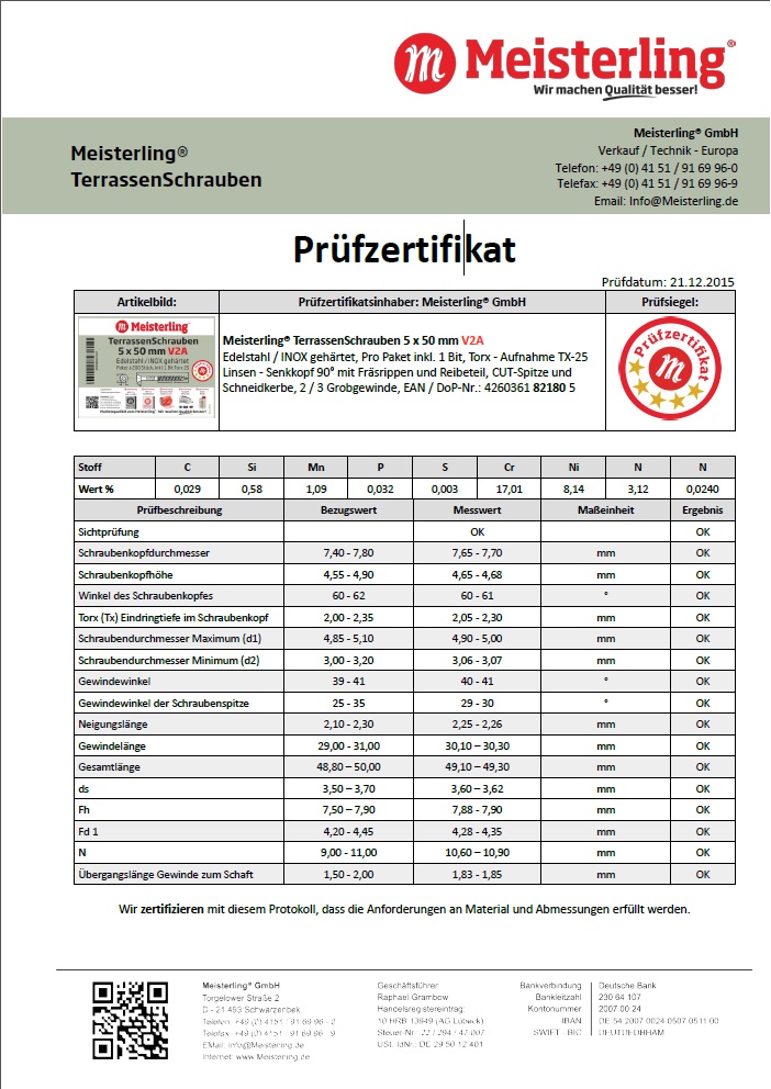 Prüfzertifikat Meisterling® TerrassenSchrauben 5 x 50 mm V2A