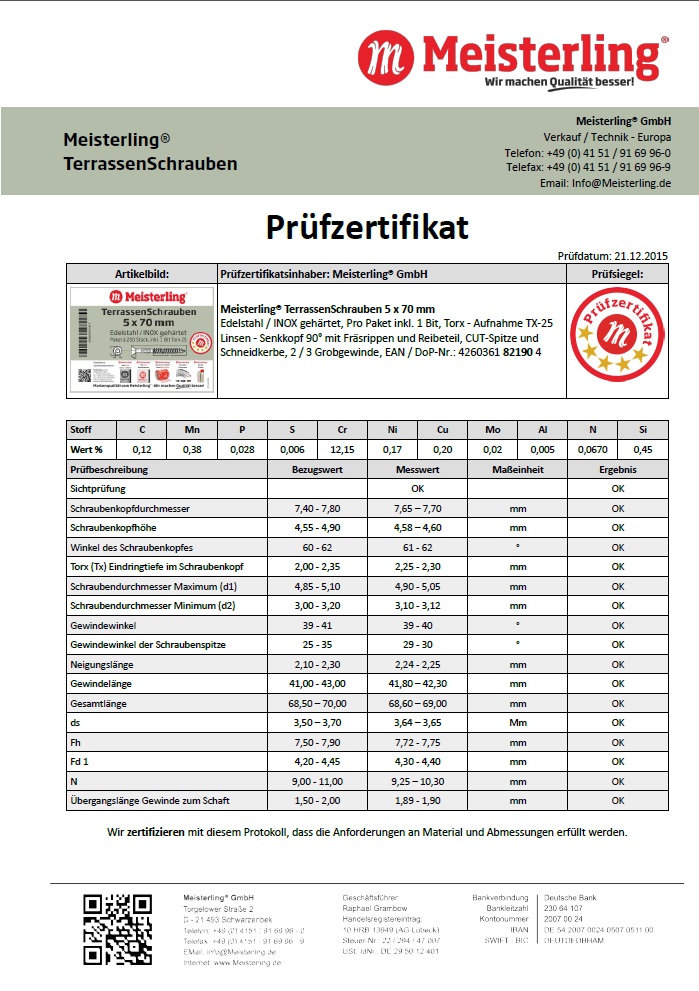 Prüfzertifikat Meisterling® TerrassenSchrauben 5 x 70 mm