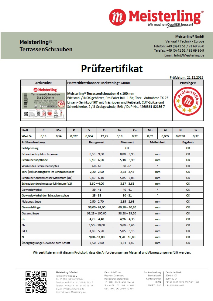 Prüfzertifikat Meisterling® TerrassenSchrauben 6 x 100 mm