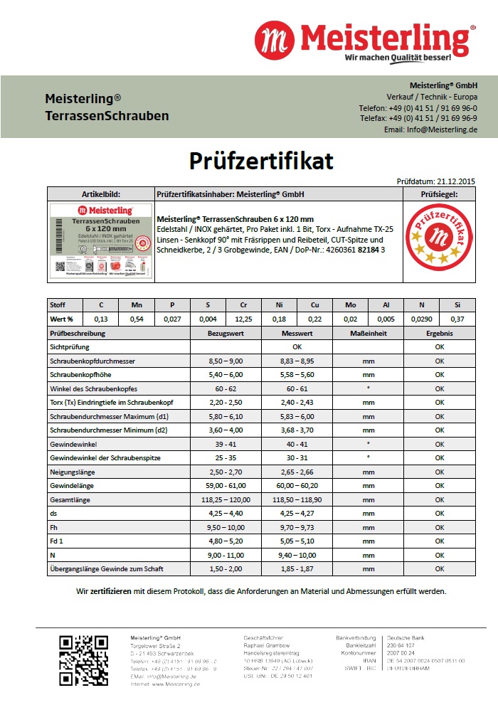 Prüfzertifikat Meisterling® TerrassenSchrauben 6 x 120 mm