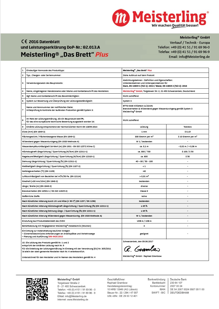 Meisterling® Das Brett PLUS 300 Leistungserklärung und CE Datenblatt