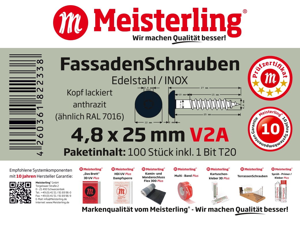 Meisterling® Fassadenschrauben V2A 4,8 x 25 mm anthrazit (ähnlich RAL 7016)