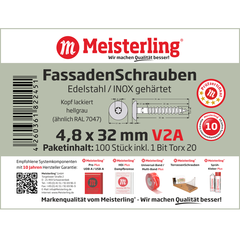 Meisterling® Fassadenschrauben V2A 4,8 x 32 mm hellgrau (ähnlich RAL 7047)