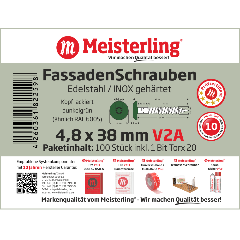 Meisterling® FassadenSchrauben V2A 4,8 x 38 mm dunkelgrün (ähnlich RAL 6005)