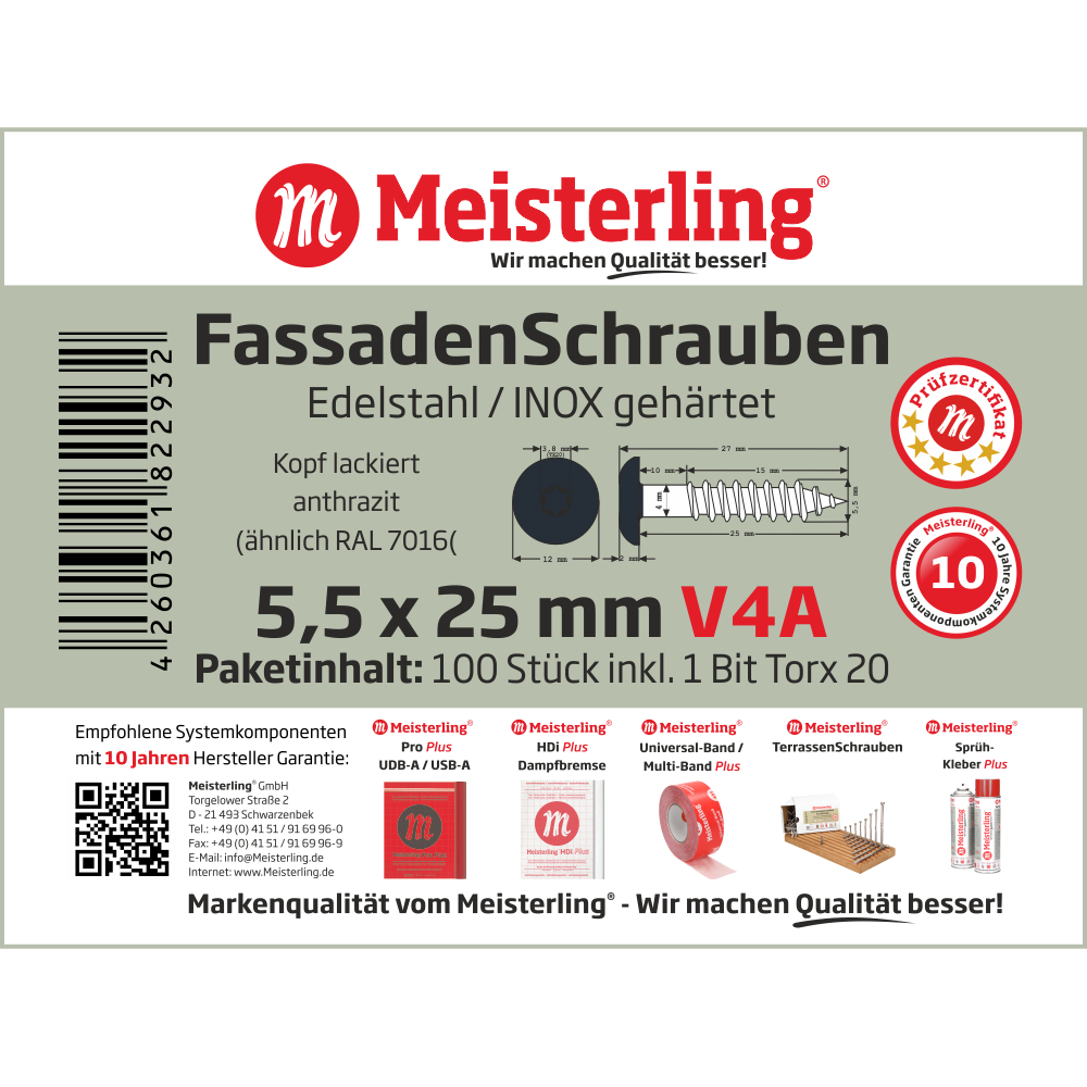 Meisterling® FassadenSchrauben V4A 5,5 x 25 mm anthrazit (ähnlich RAL 7016)