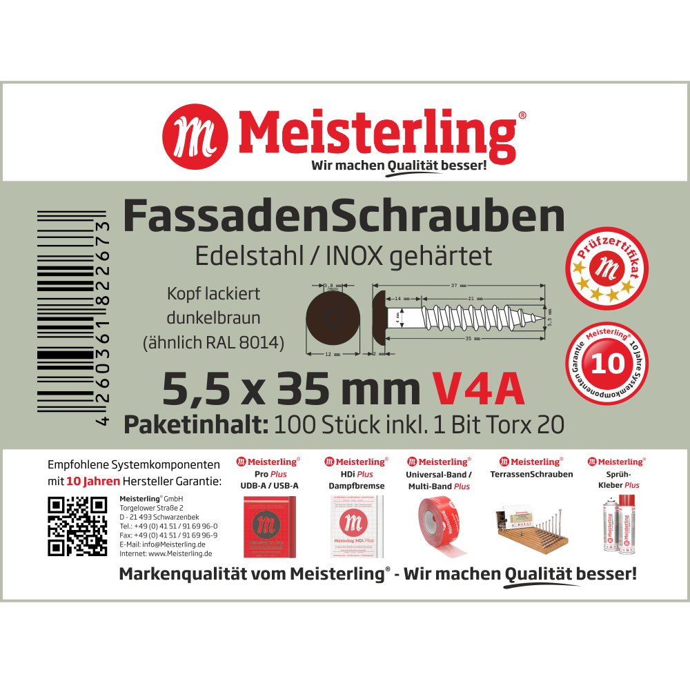 Meisterling® FassadenSchrauben V4A 5,5 x 35 mm dunkelbraun (ähnlich RAL 8014)