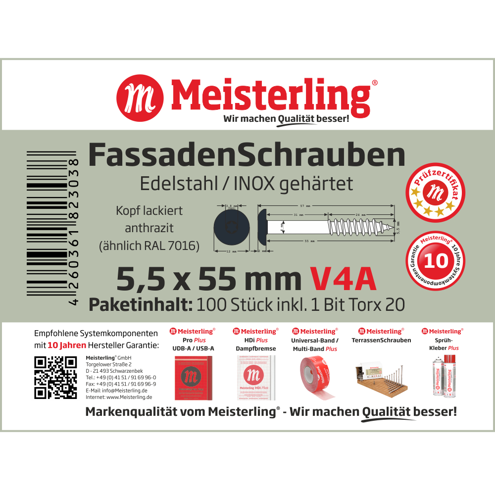 Meisterling® FassadenSchrauben V4A 5,5 x 55 mm anthrazit (ähnlich RAL 7016)