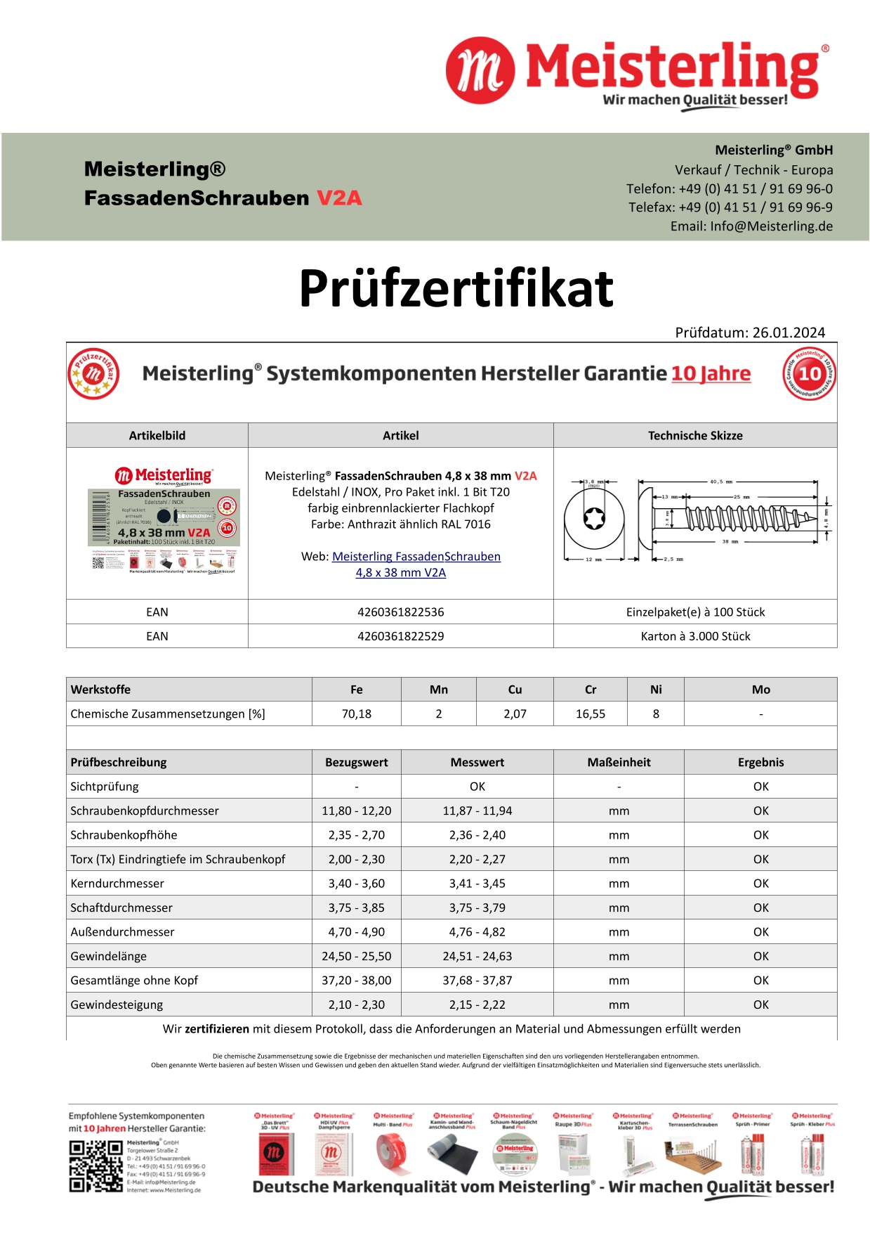 Prüfzertifikat Meisterling® FassadenSchrauben 4,8 x 38 mm V2a anthrazit