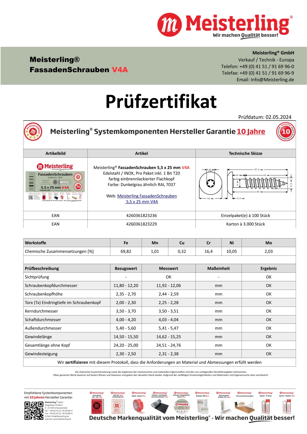 Prüfzertifikat Meisterling® FassadenSchrauben 5,5 x 25 mm V4a dunkelgrau