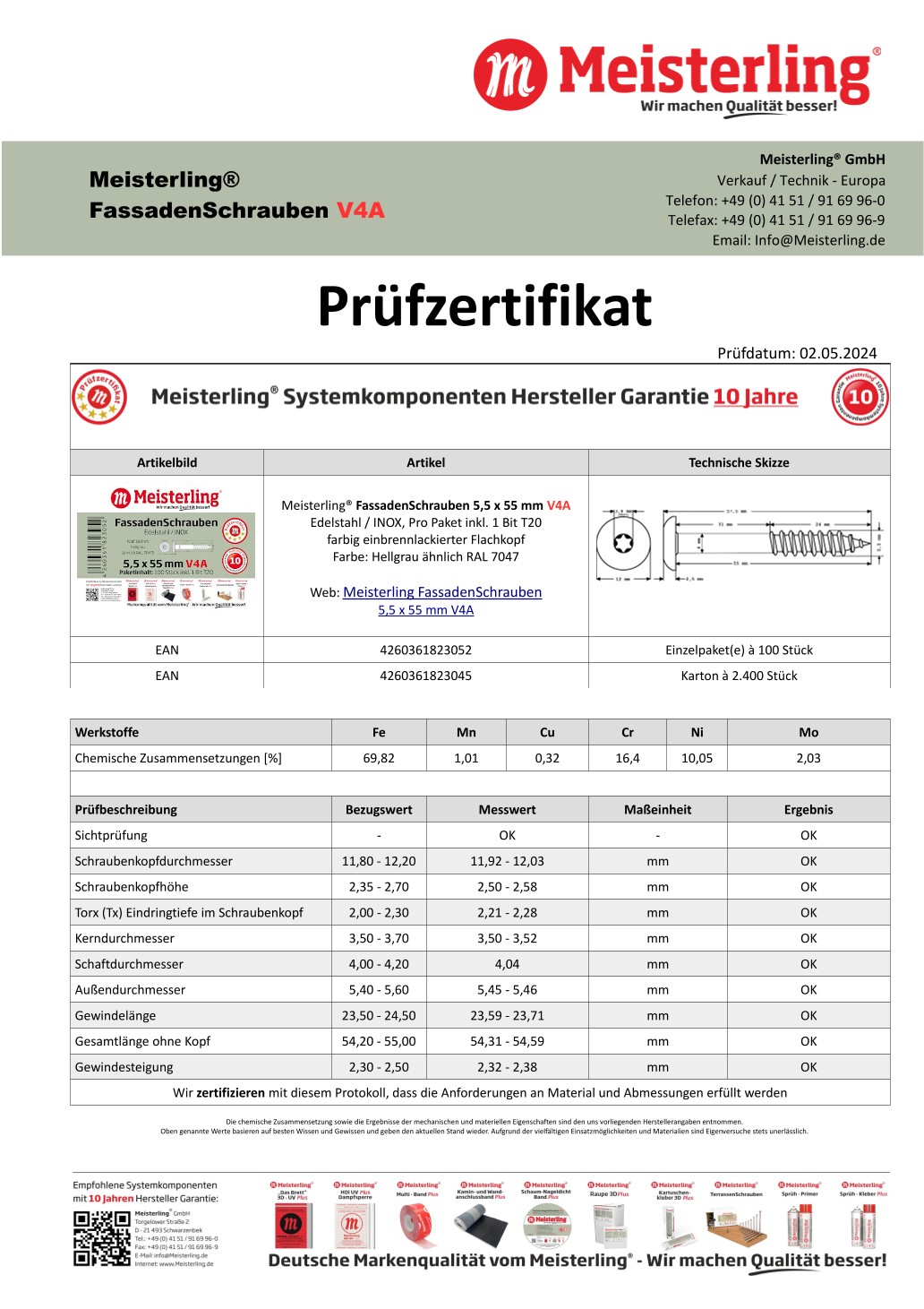 Prüfzertifikat Meisterling® FassadenSchrauben 5,5 x 55 mm V4a hellgrau