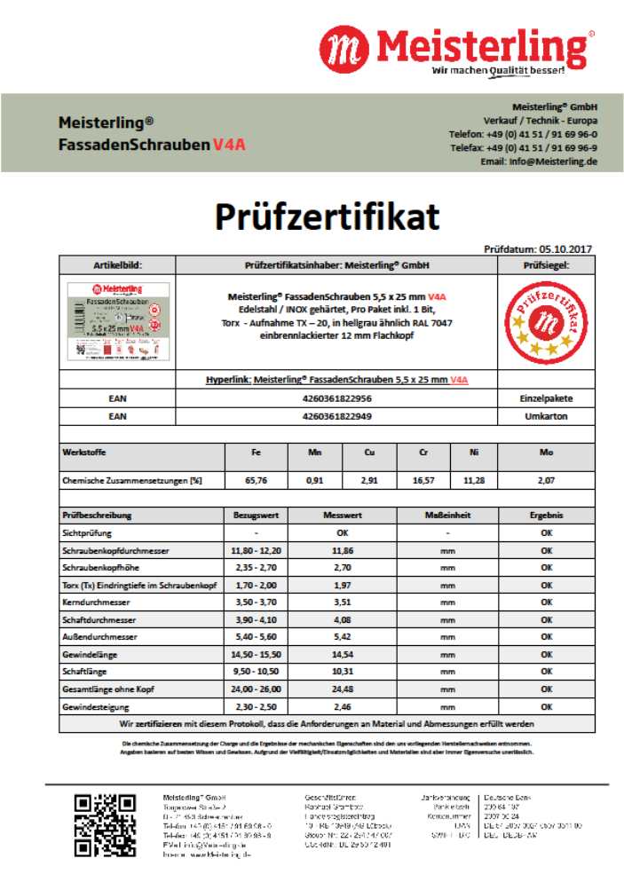 Prüfzertifikat Meisterling® FassadenSchrauben 5,5 x 25 mm V4a hellgrau