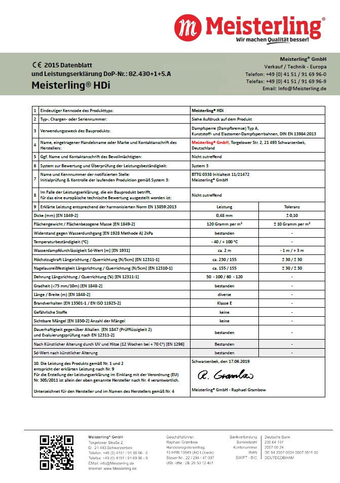 Meisterling® HDi Leistungserklärung und CE Datenblatt