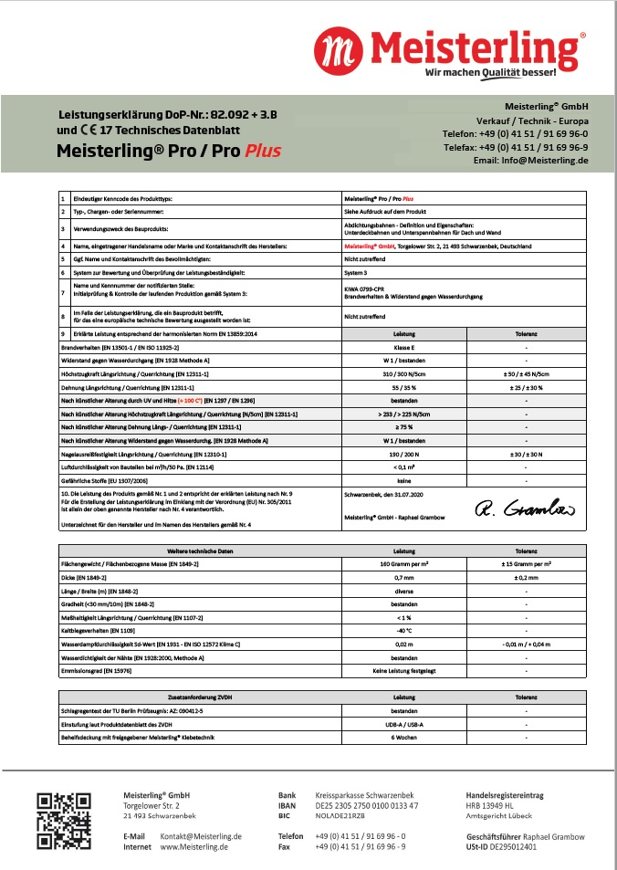 Meisterling Pro + Pro PLUS Leistungserklärung B und CE Datenblatt ab September 2020