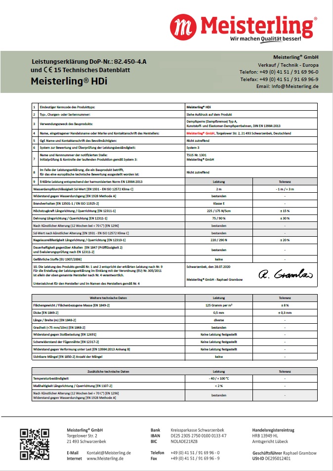 Meisterling® HDi Leistungserklärung und CE Datenblatt ab Oktober 2020