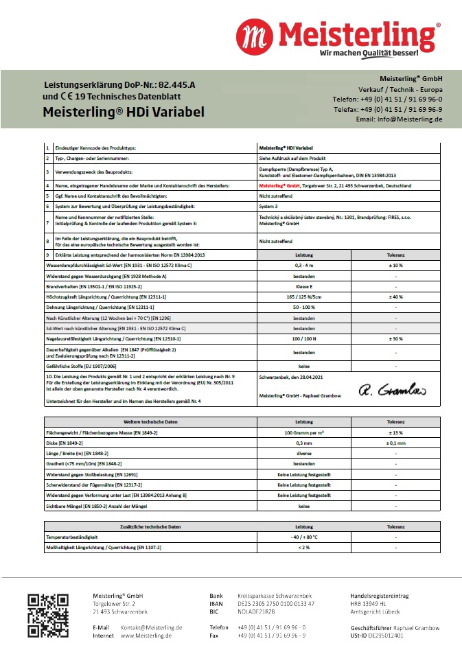 Meisterling® HDi Variabel Leistungserklärungund CE Datenblatt