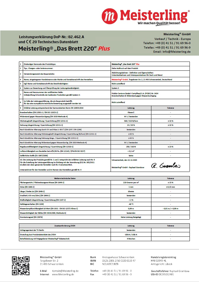 Meisterling® Das Brett 220 PLUS Leistungserklärung und CE Datenblatt