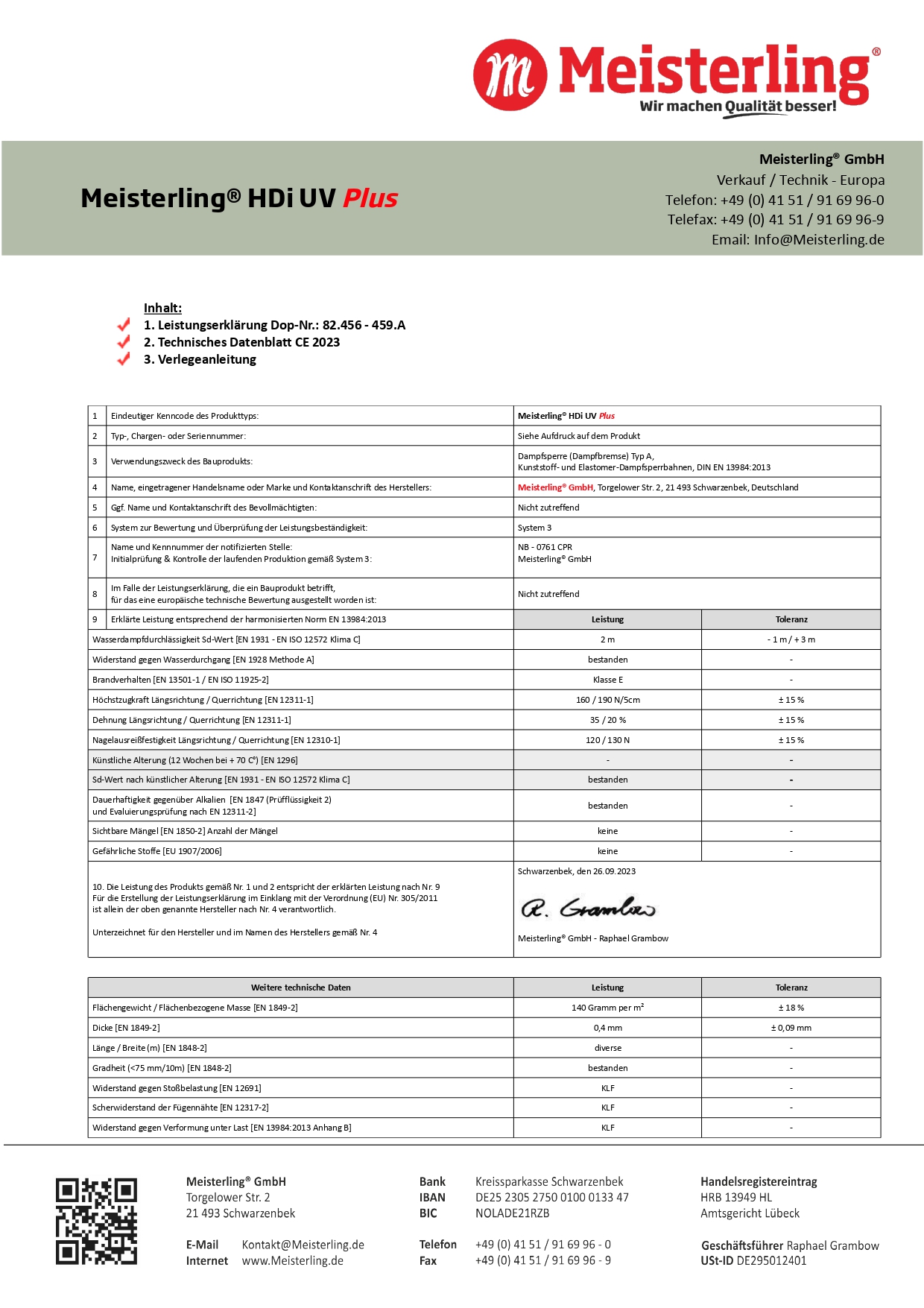 Meisterling® HDi PLUS Leistungserklärung und CE Datenblatt