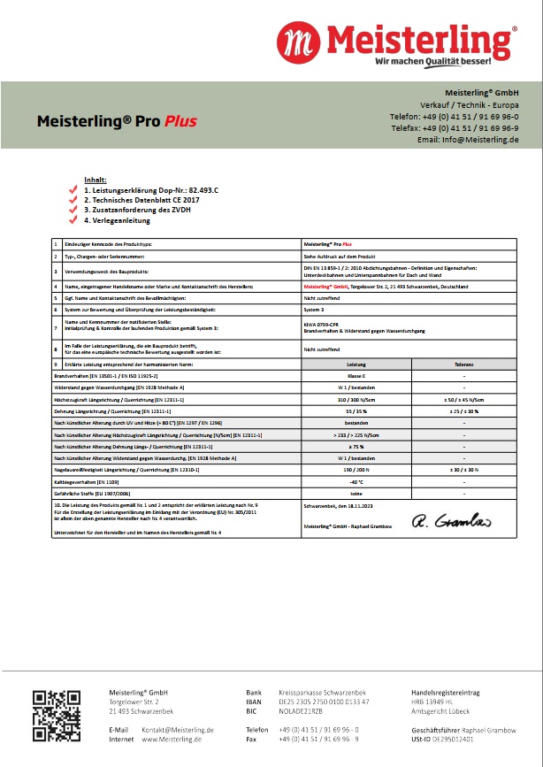 Meisterling Pro PLUS Leistungserklärung C CE-Datenblatt Zusatzanforderung und Verlegeanleitung Seite 1
