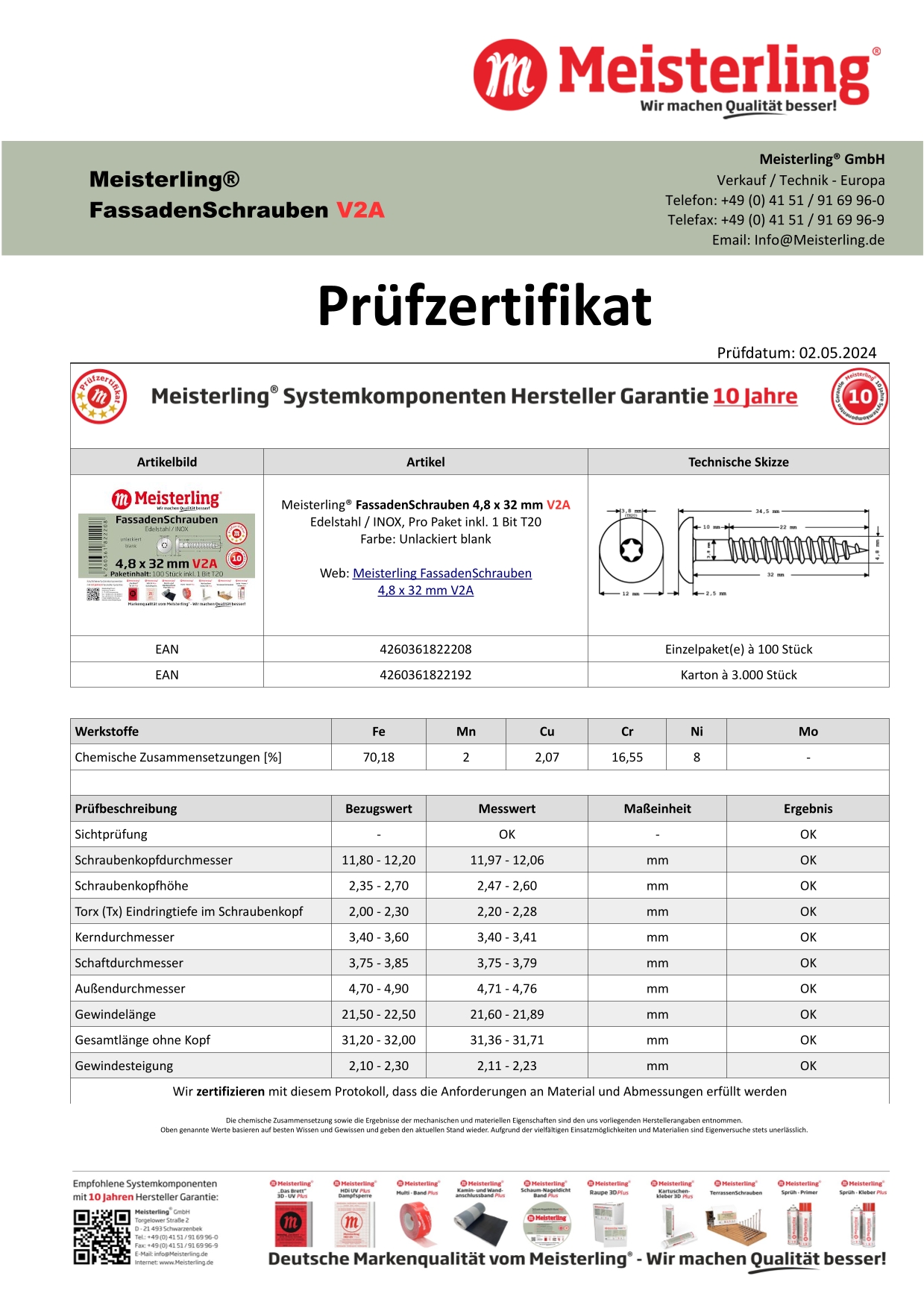 Prüfzertifikat Meisterling® FassadenSchrauben 4,8 x 32 mm V2a unlackiert blank