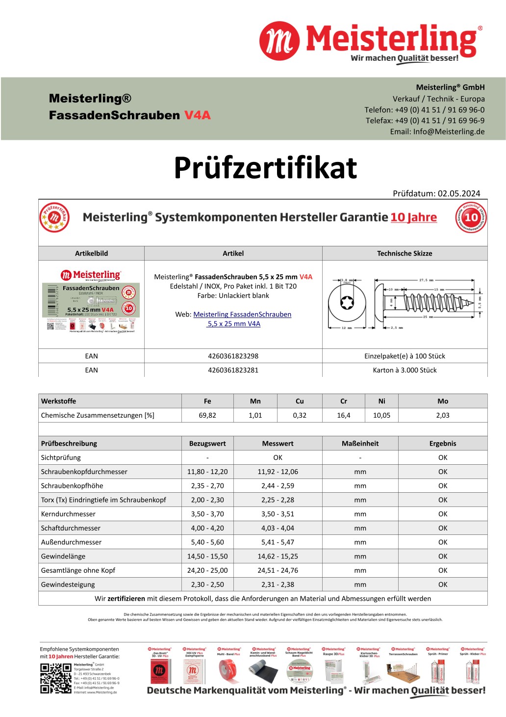 Prüfzertifikat Meisterling® FassadenSchrauben 5,5 x 25 mm V4a blank