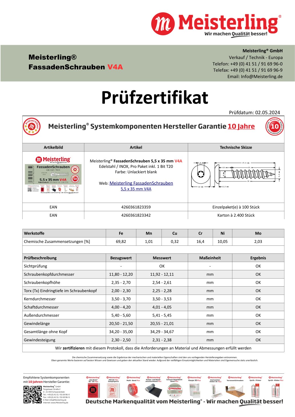 Prüfzertifikat Meisterling® FassadenSchrauben 5,5 x 35 mm V4a blank