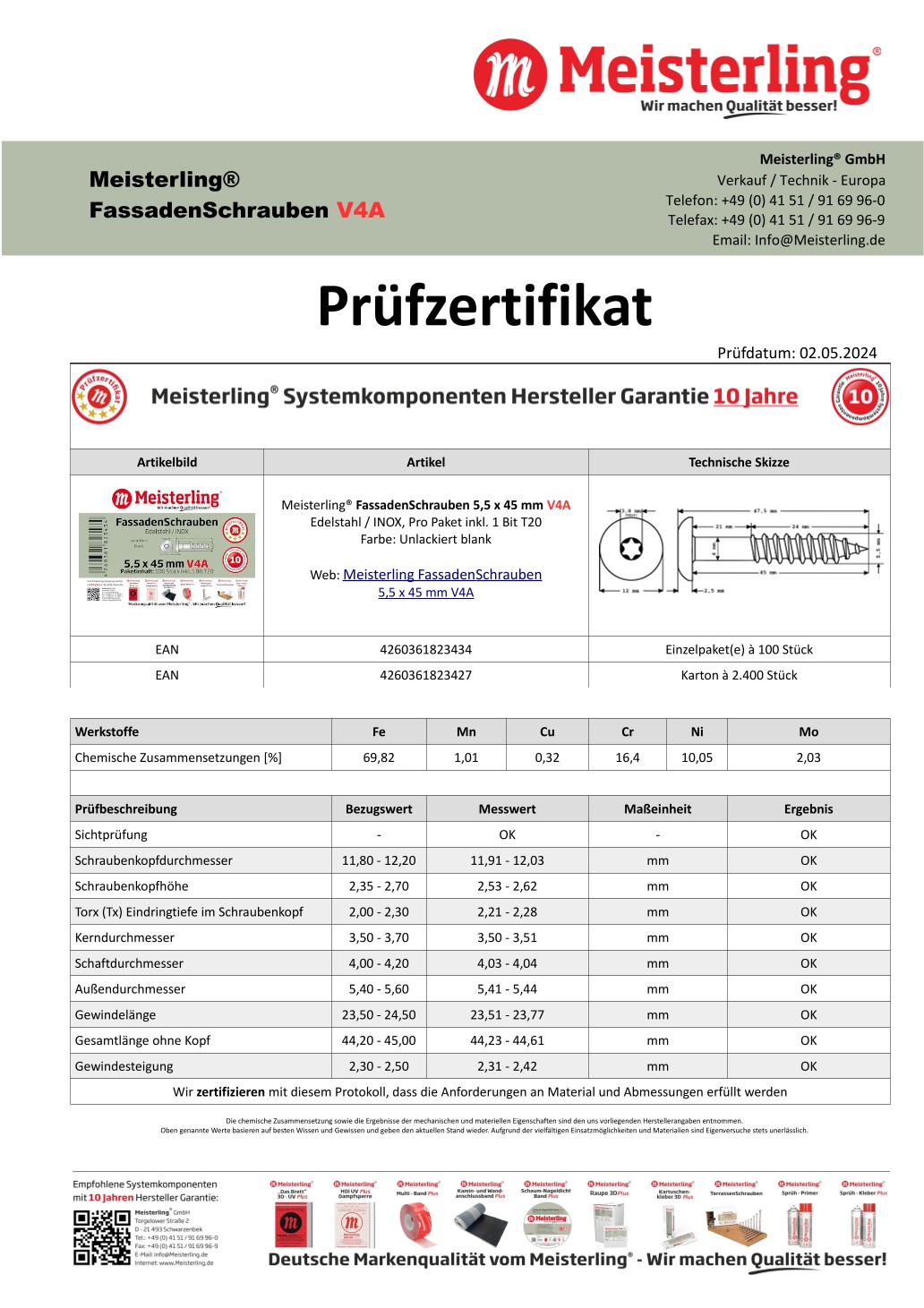 Prüfzertifikat Meisterling® FassadenSchrauben 5,5 x 45 mm V4a blank
