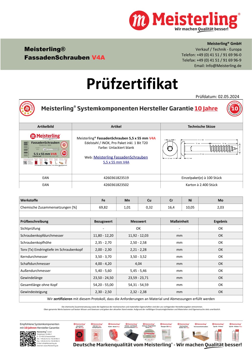 Prüfzertifikat Meisterling® FassadenSchrauben 5,5 x 55 mm V4a blank
