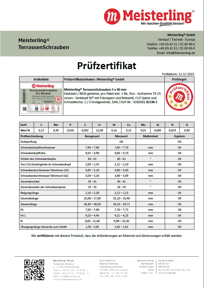 Prüfzertifikat Meisterling® TerrassenSchrauben 5 x 40 mm
