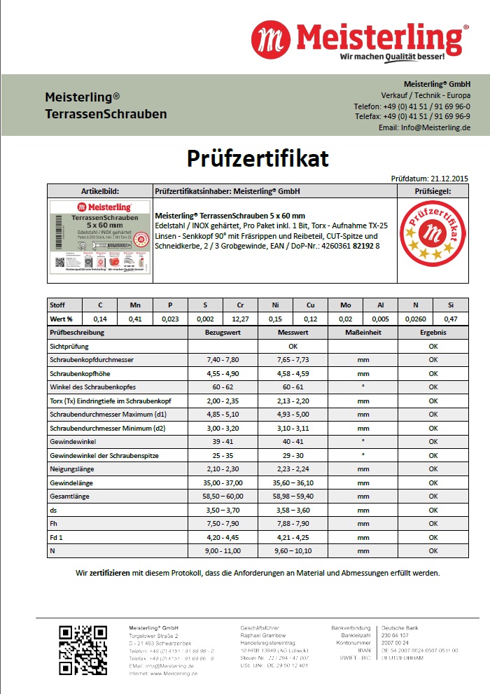 Prüfzertifikat Meisterling® TerrassenSchrauben 5 x 60 mm