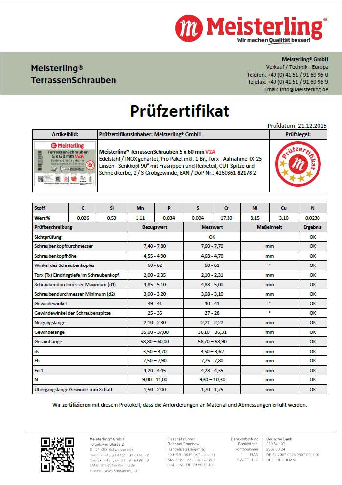 Prüfzertifikat Meisterling® TerrassenSchrauben 5 x 60 mm V2A