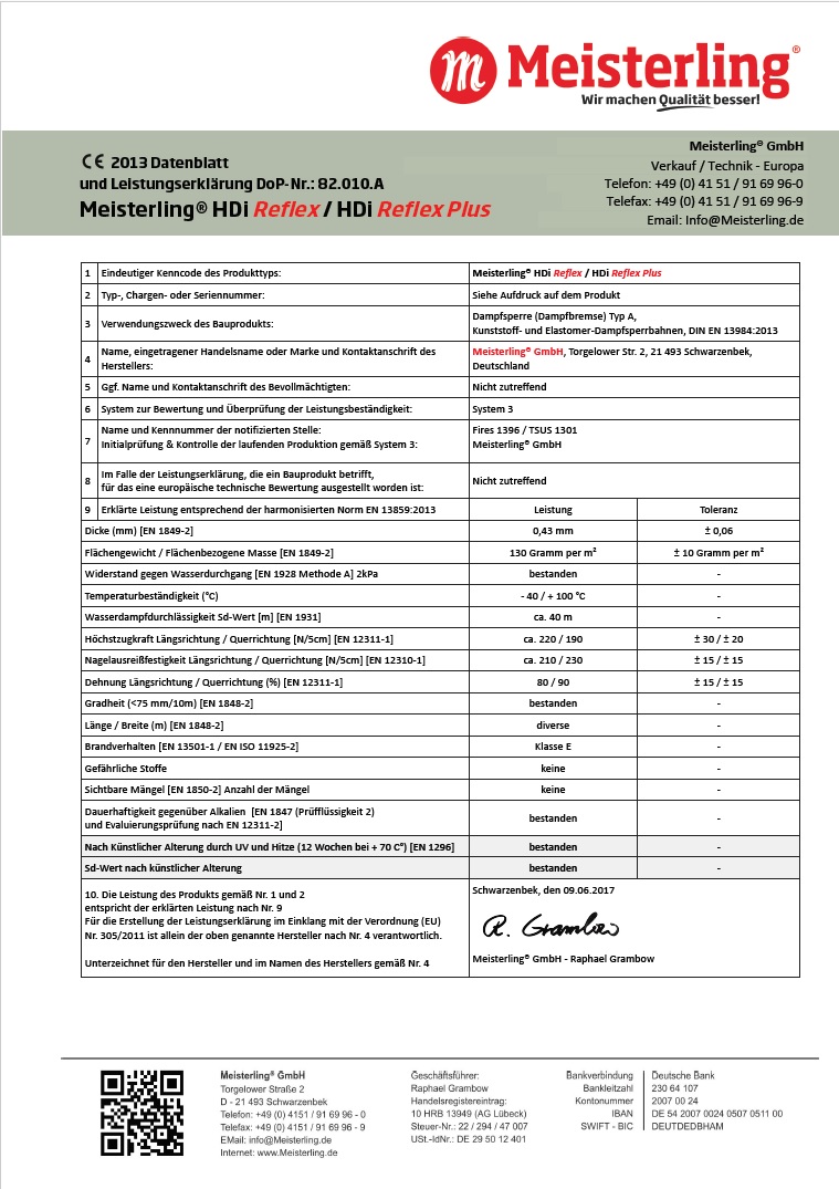 Meisterling® HDi Reflex + HDi Reflex Plus Leistungserklärung und CE Datenblatt