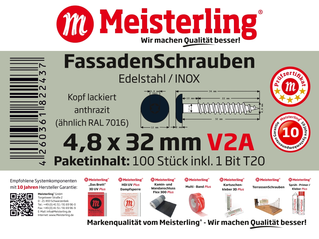Meisterling® Fassadenschrauben V2A 4,8 x 32 mm anthrazit (ähnlich RAL 7016)