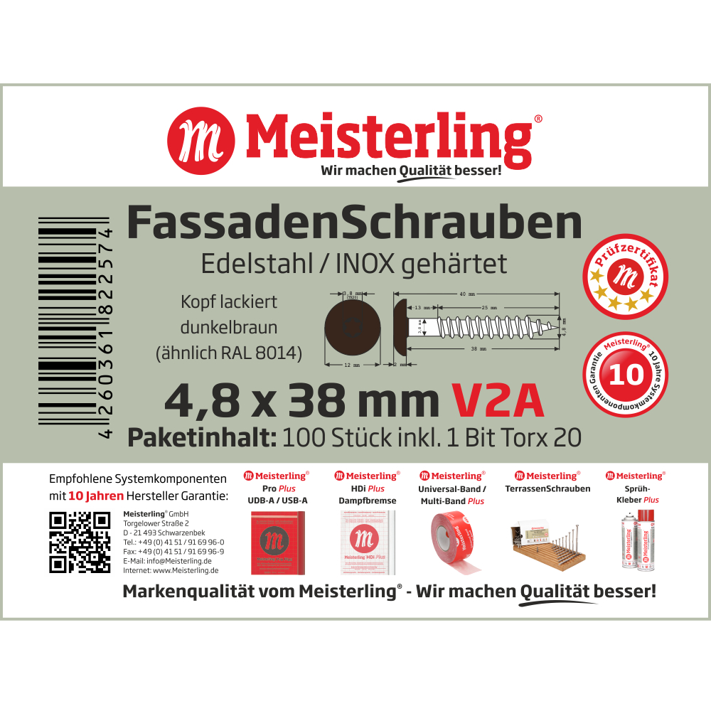Meisterling® FassadenSchrauben V2A 4,8 x 38 mm dunkelbraun (ähnlich RAL 8014)
