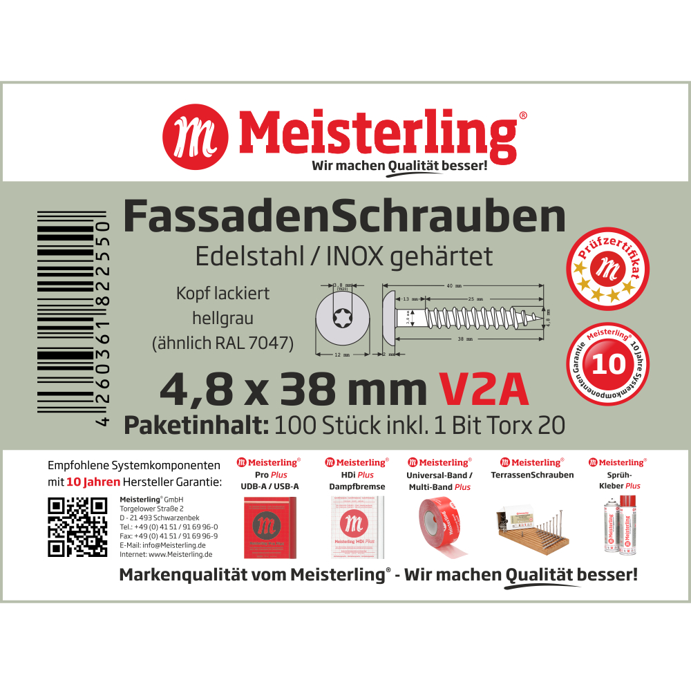 Meisterling® Fassadenschrauben V2A 4,8 x 38 mm hellgrau (ähnlich RAL 7047)