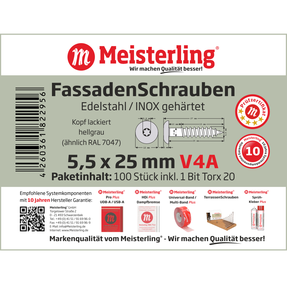 Meisterling® FassadenSchrauben V4A 5,5 x 25 mm hellgrau (ähnlich RAL 7047)