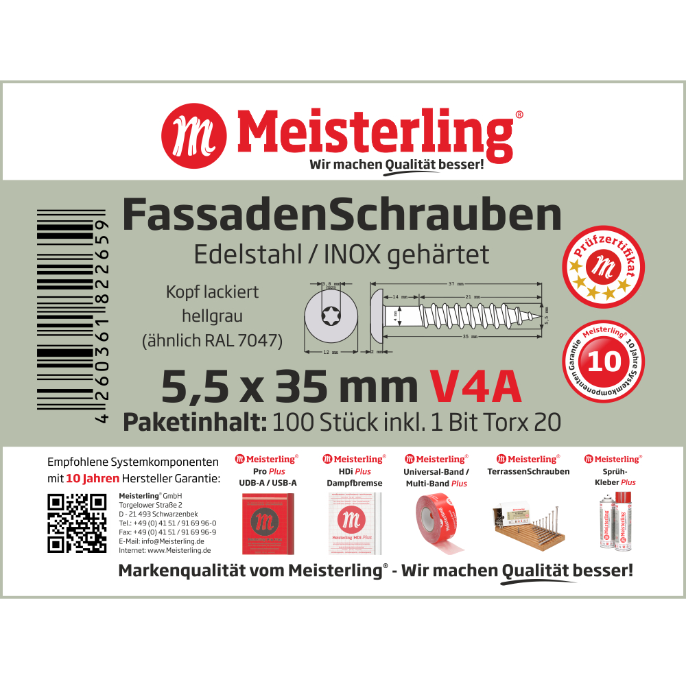 Meisterling® FassadenSchrauben V4A 5,5 x 35 mm hellgrau (ähnlich RAL 7047)