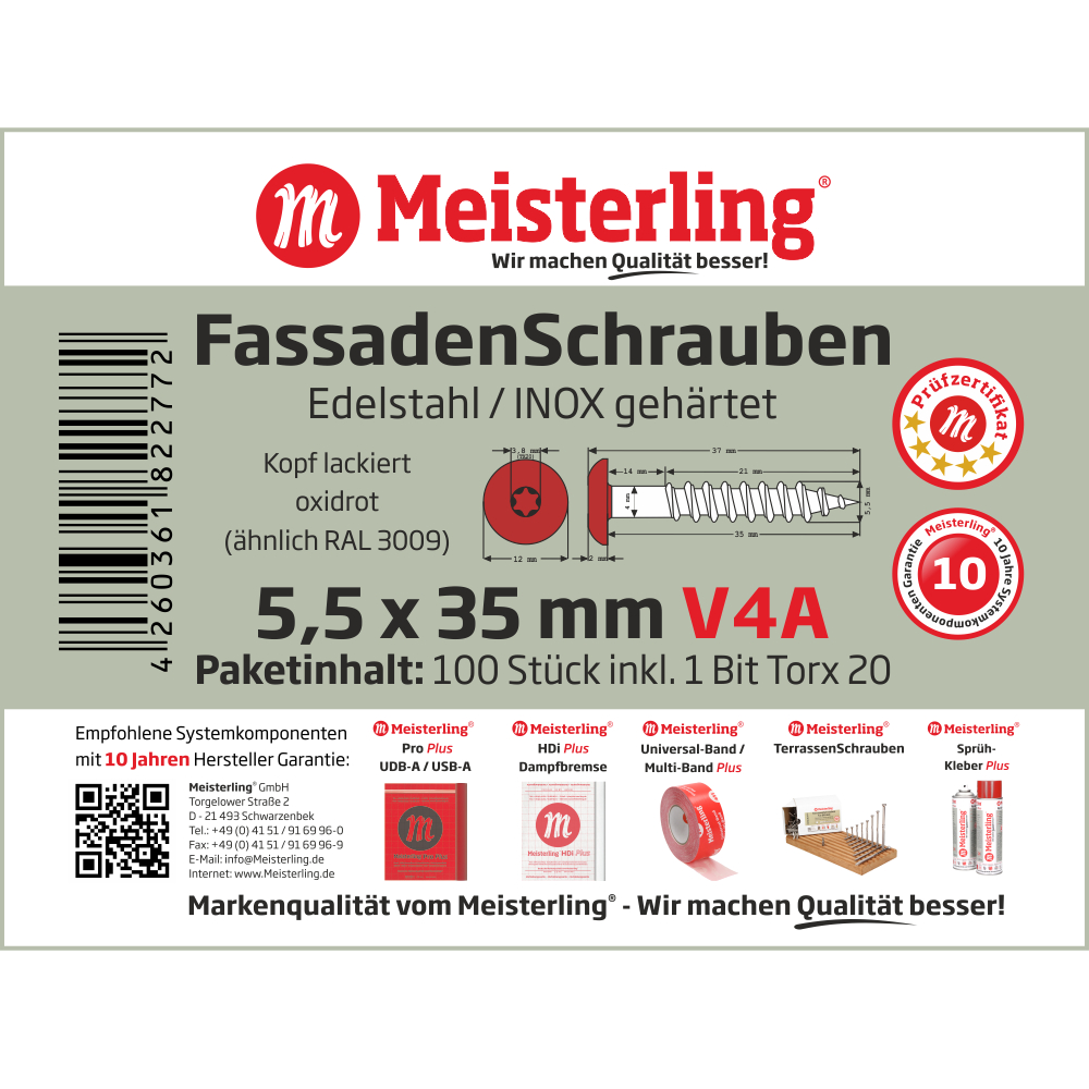Meisterling® FassadenSchrauben V4A 5,5 x 35 mm oxidrot (ähnlich RAL 3009)