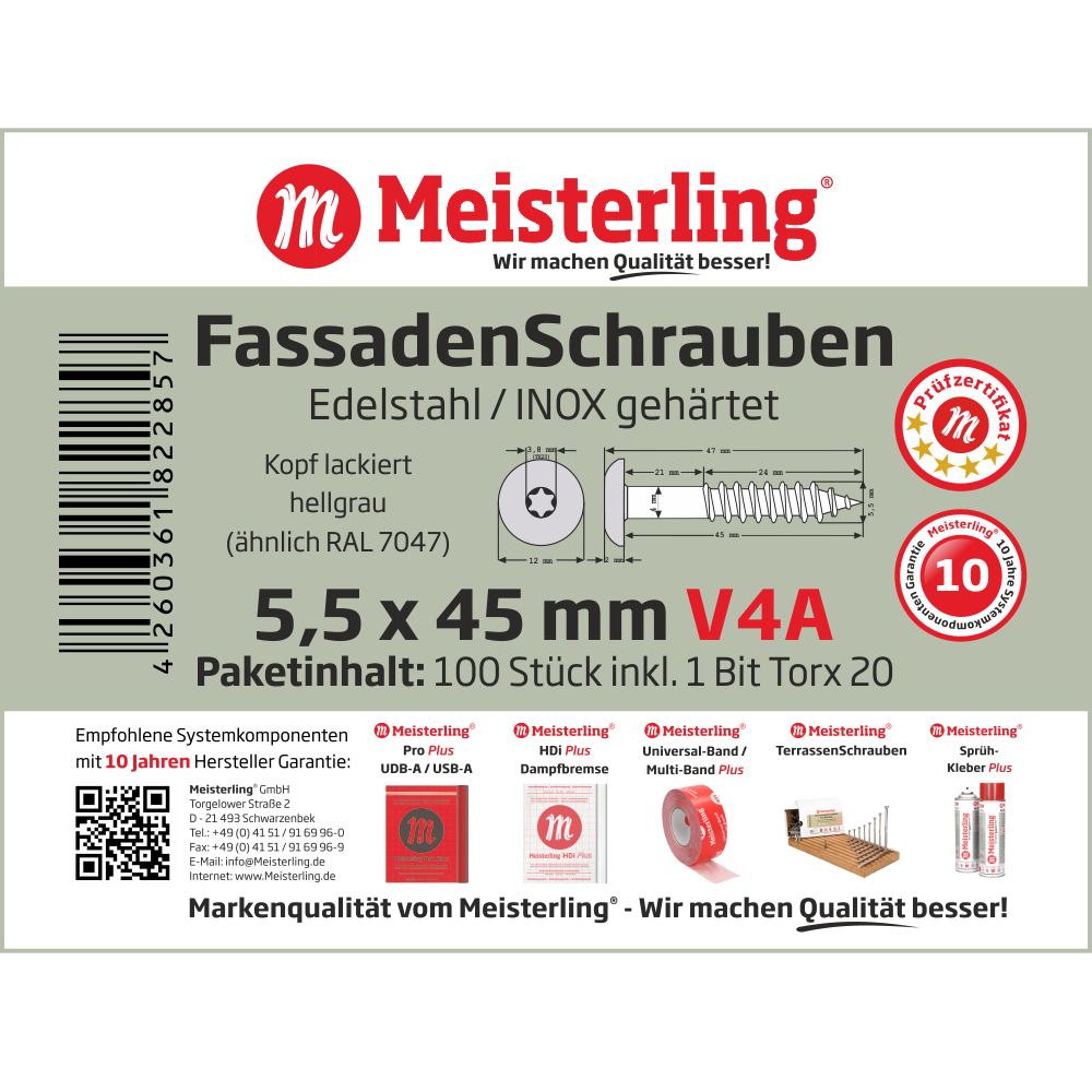 Meisterling® FassadenSchrauben V4A 5,5 x 45 mm hellgrau (ähnlich RAL 7047)