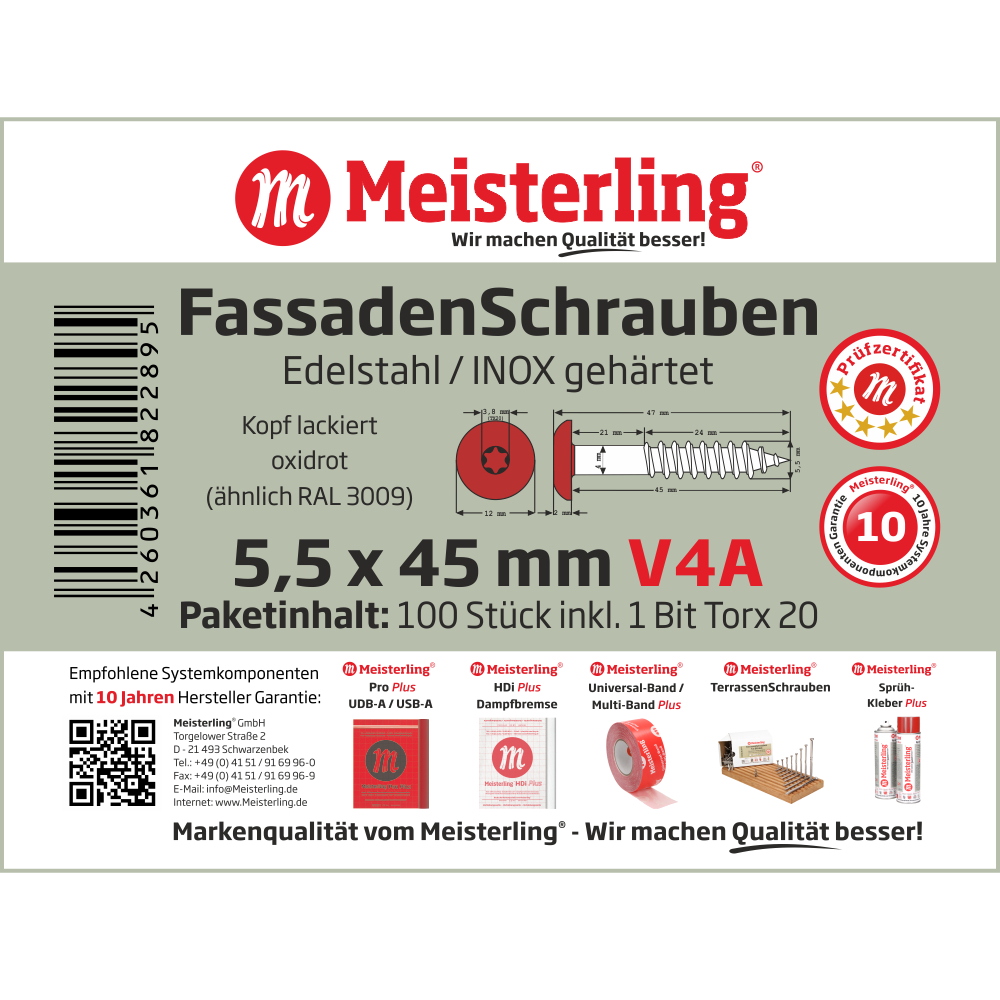 Meisterling® FassadenSchrauben V4A 5,5 x 45 mm oxidrot (ähnlich RAL 3009)