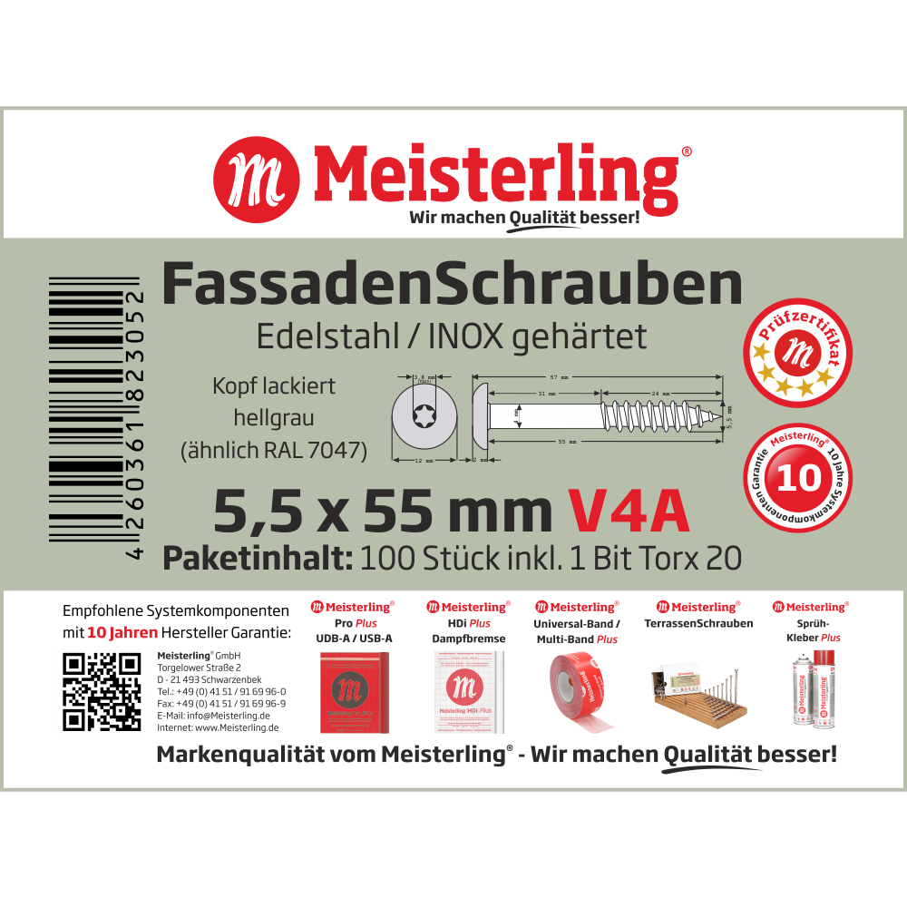 Meisterling® FassadenSchrauben V4A 5,5 x 55 mm hellgrau (ähnlich RAL 7047)