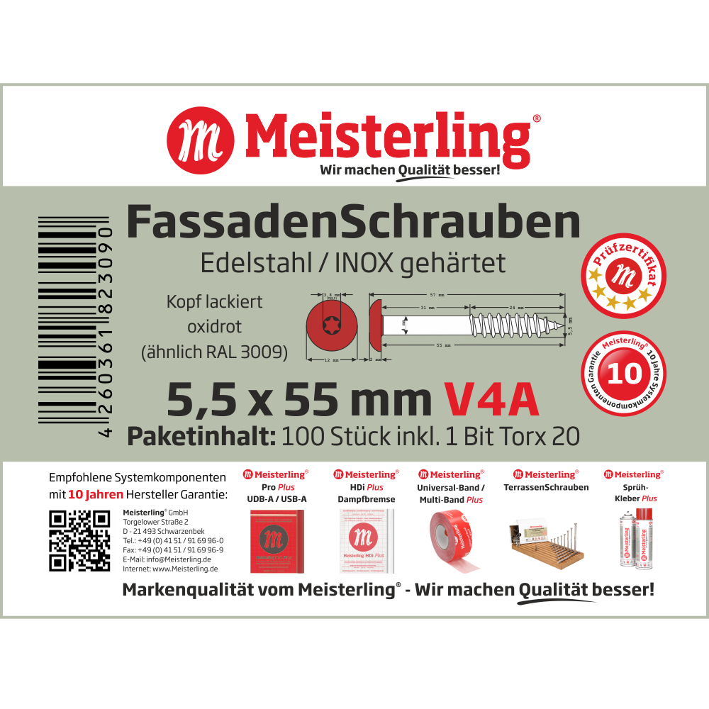 Meisterling® FassadenSchrauben V4A 5,5 x 55 mm oxidrot (ähnlich RAL 3009)