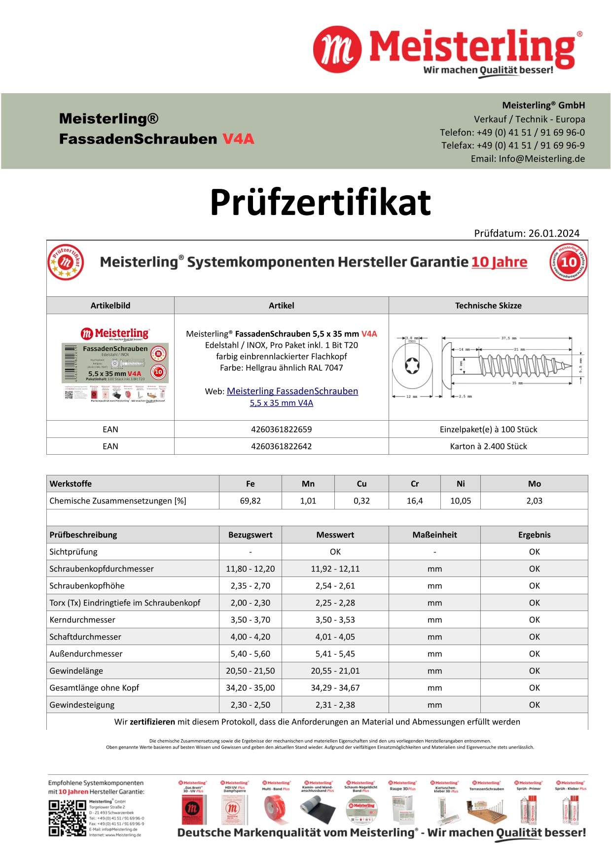 Prüfzertifikat Meisterling® FassadenSchrauben 5,5 x 35 mm V4a hellgrau