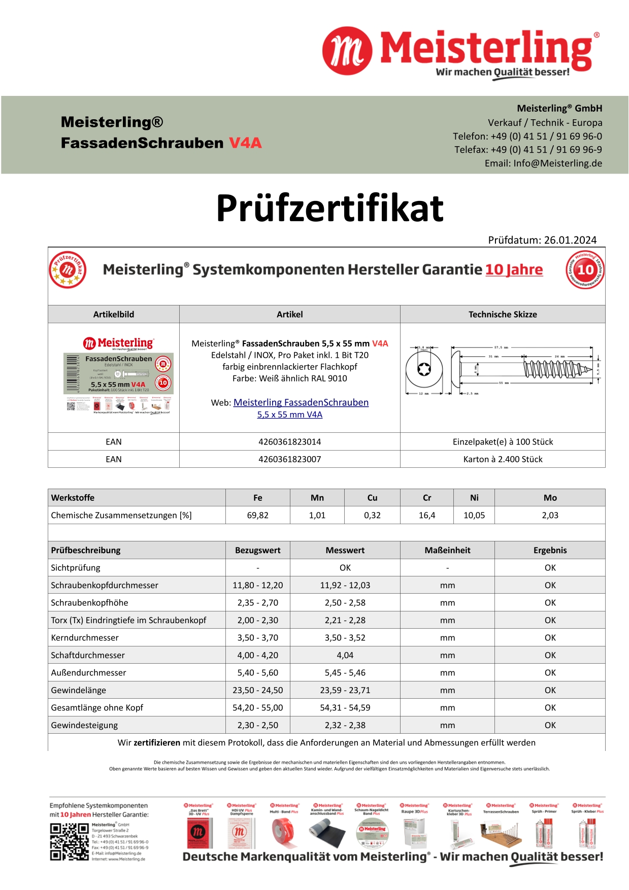 Prüfzertifikat Meisterling® FassadenSchrauben 5,5 x 55 mm V4a weiß
