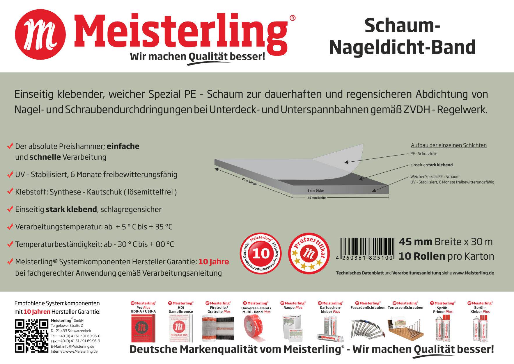Meisterling® Schaum - Nageldicht - Band 45 mm Technische Daten