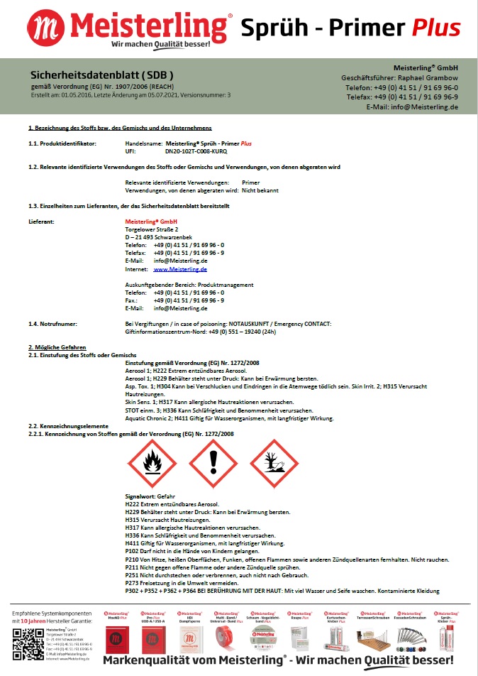 Meisterling® Sprüh - Primer PLUS Sicherheitsdatenblatt ( SDB )