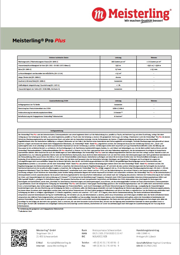 Meisterling Pro PLUS Leistungserklärung C CE-Datenblatt Zusatzanforderung und Verlegeanleitung Seite 2