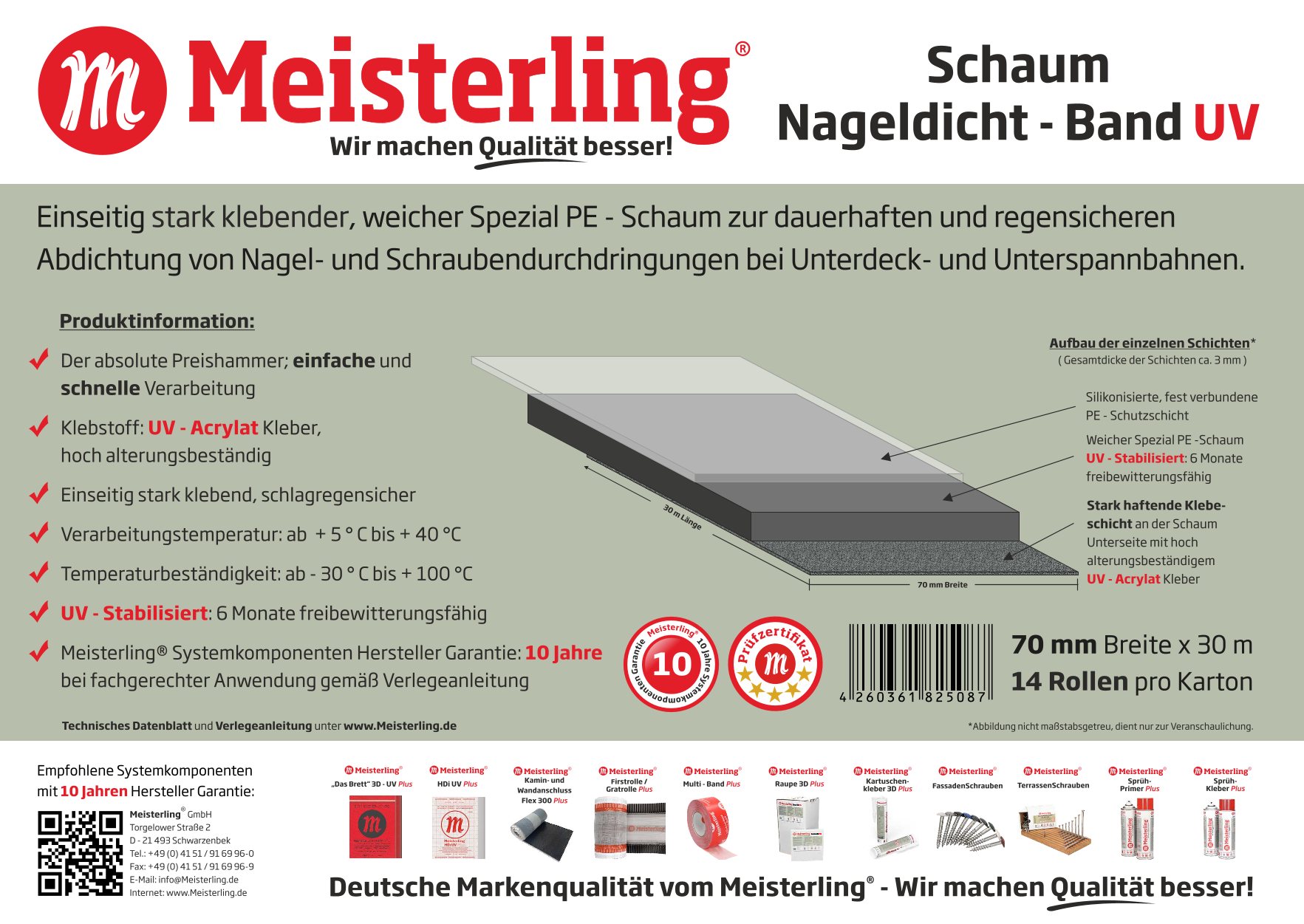 Meisterling® Schaum - Nageldicht - Band UV 70 mm Technische Daten