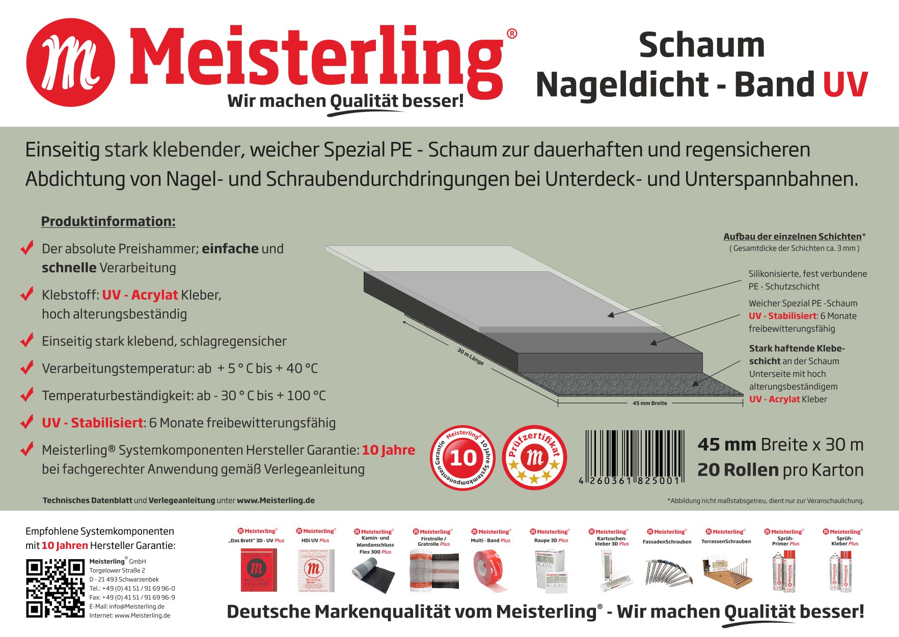 Meisterling® Schaum - Nageldicht - Band UV 45 mm Technische Daten